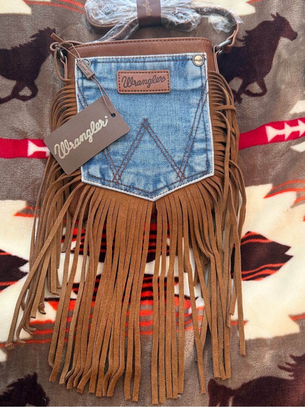 NWT Wrangler Denim Pocket Crossbody Bag with Brown Fringe